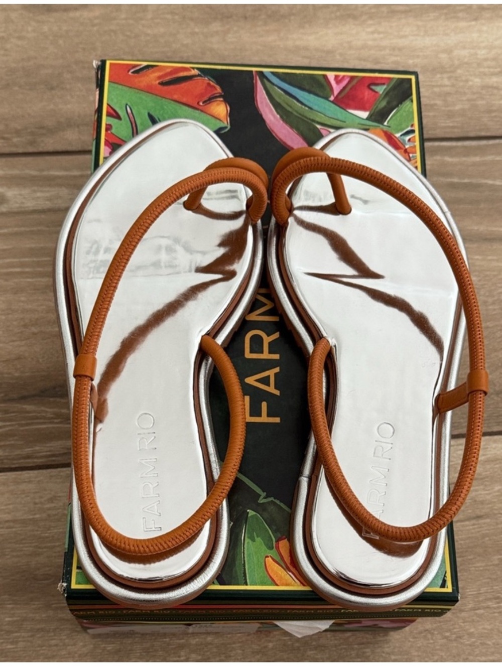 FARM Rio Silver Footbed Sandals with Tan Elastic Straps